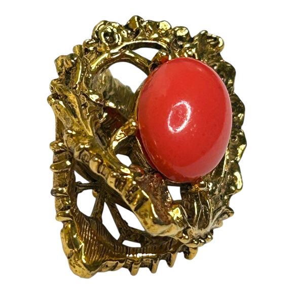 Arthur Pepper ART Scarf Slide Scarf Holder Gold Tone Oval Coral Tone Cabochon - Picture 10 of 10